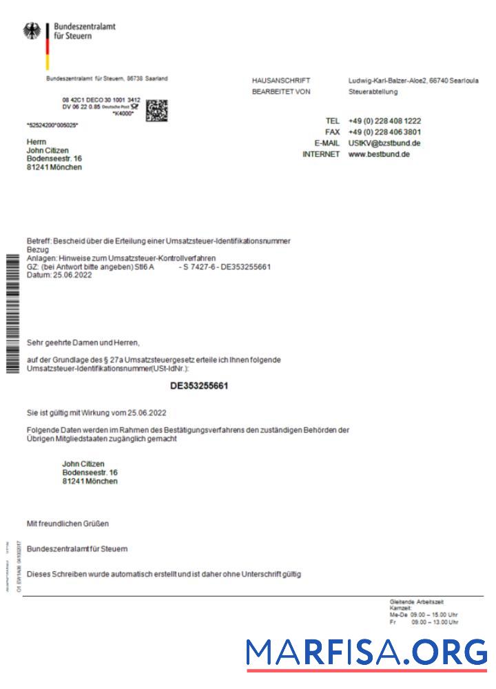 Downloadable Germany Bundeszentralamt für Steuem certificate Word and PDF template